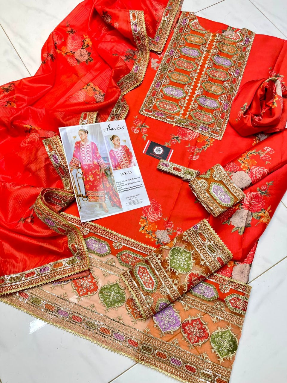 Aneela’s Luxury Silk Dress | 3pc Unstitched (Orange)
