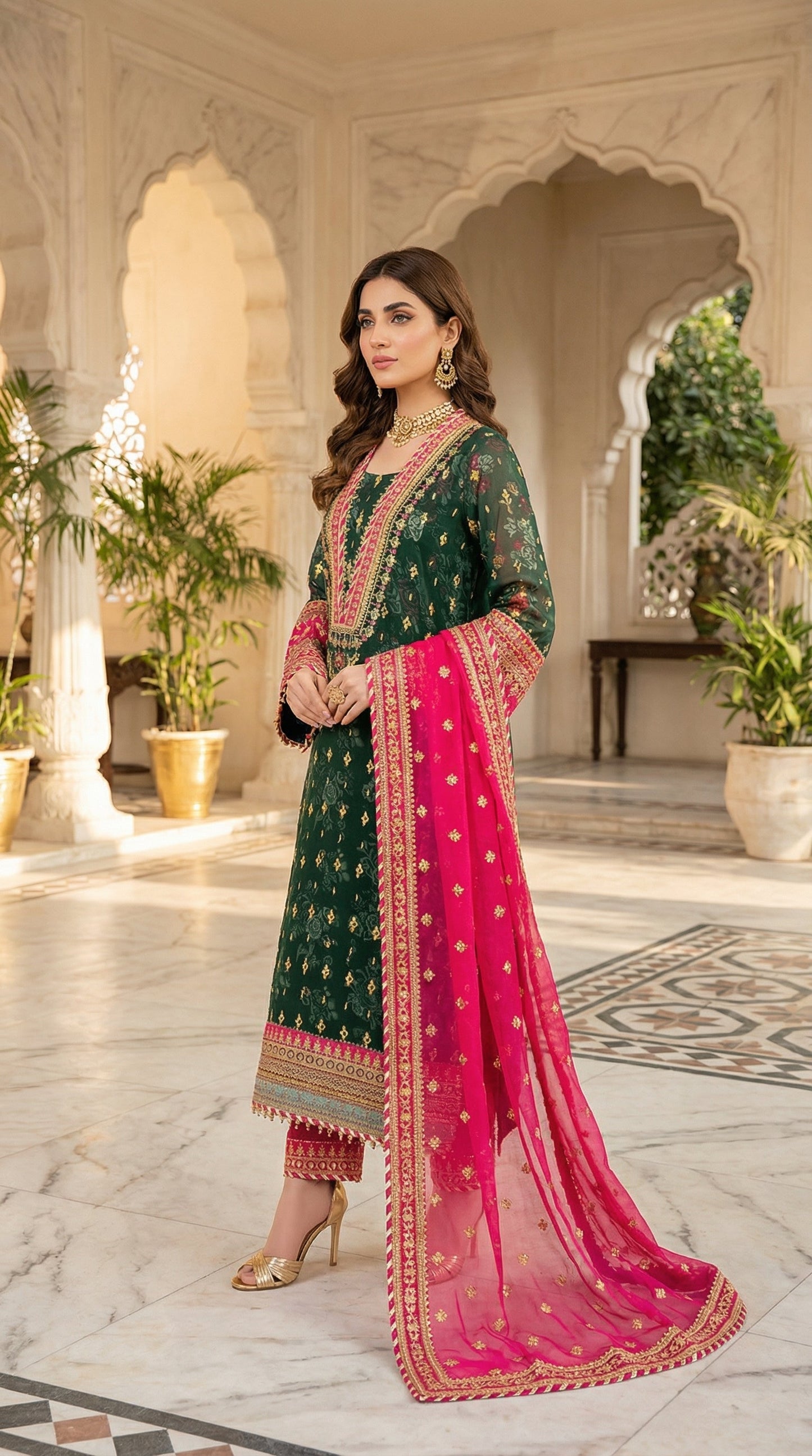 Barooq | Green Chiffon Emroided Dress