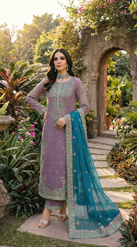 Akber Aslam | Purple Majesty Orgenza Dress 3pec Unstiched