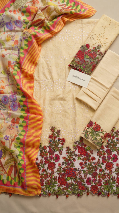 JUGNU  |CHIKENKARI COLLECTION (HU) WITH STYLISH SILK BORDER DUPATTA  |3PC UNSTICHED