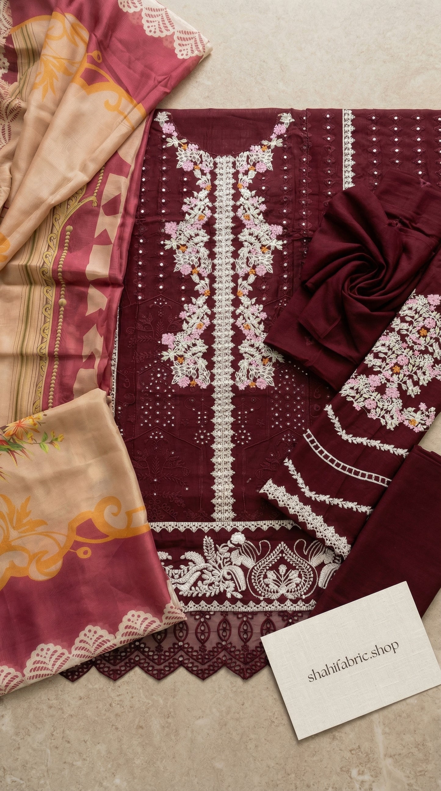 ELAF ROYAL MEHROON CHIKENKARI  |3PC UNSTICHED