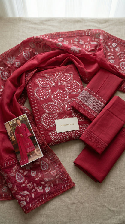 MARJAN CHIKENKARI CHERRY PINK EDITION  |3PC UNSTICHED
