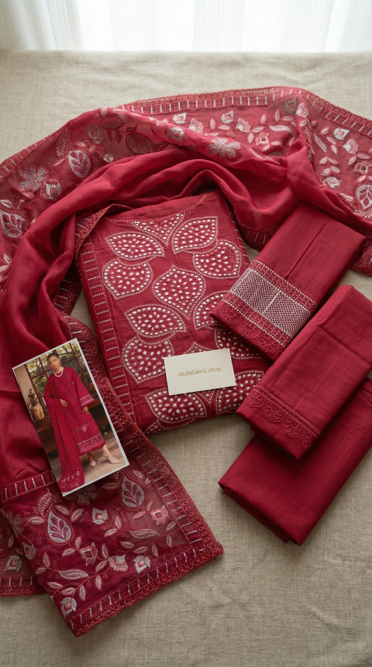 MARJAN CHIKENKARI CHERRY PINK EDITION  |3PC UNSTICHED