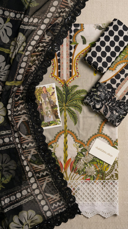 MARIAB BLACK TULIP |PRINTED LAWN WITH CHIFFON BORDER DUPATTA |3PC UNSTICHED
