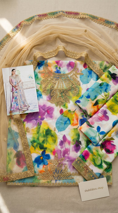 Jazmine | Multi Shade With Heavy Embroidered Net Dupatta | 3pec Unstiched